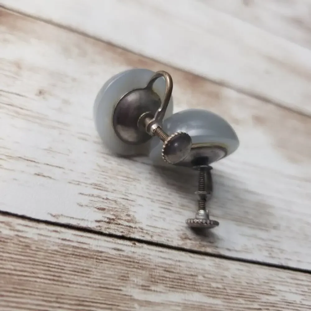 Vintage Screw On Earrings - Small Domed Silver Tone / Gray